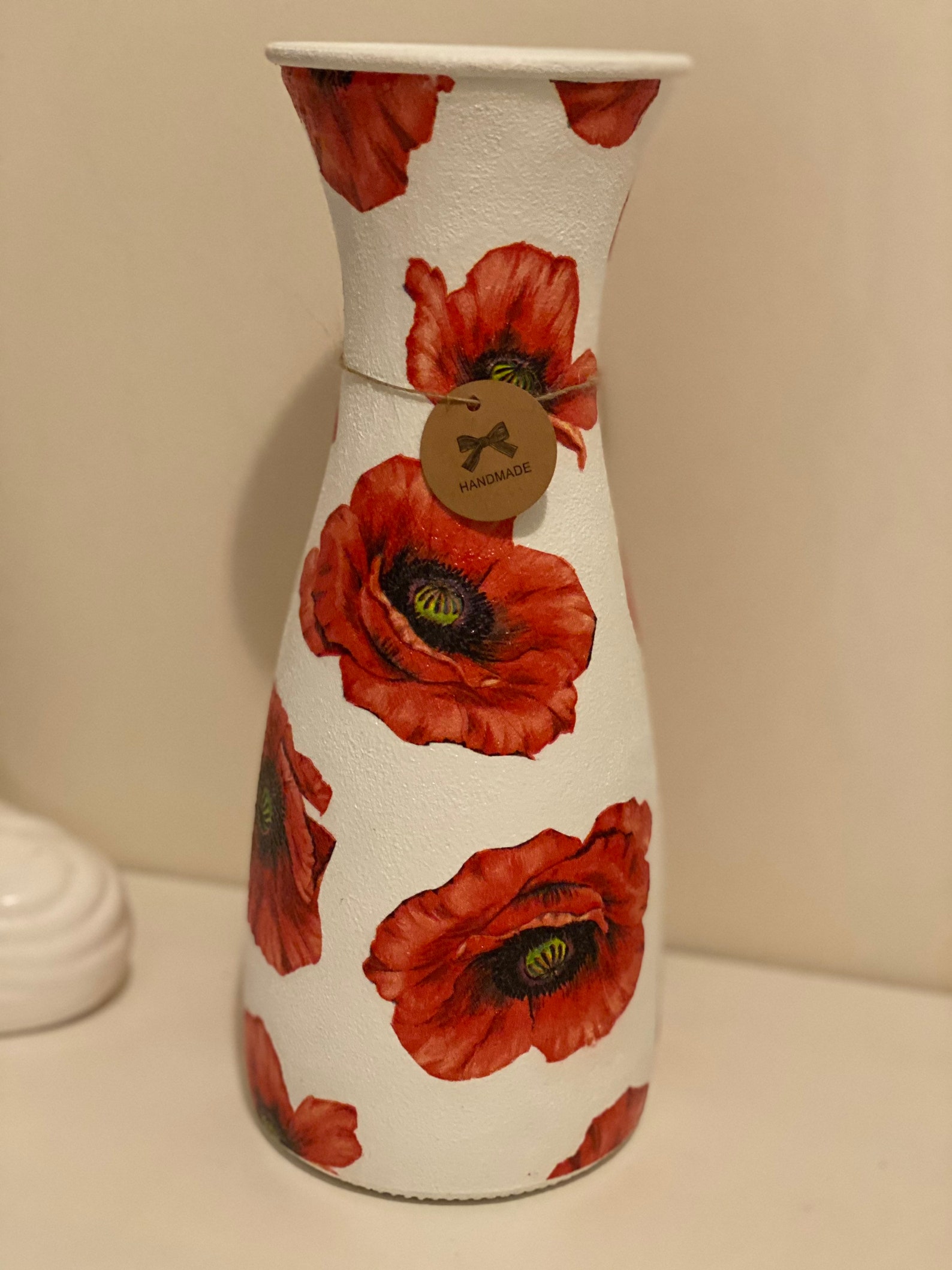 Red Poppy Flower Decoupage White Vase Etsy