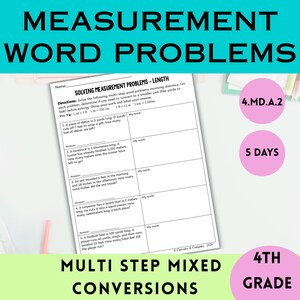 Może przedstawiać: Biały arkusz edukacyjny zatytułowany Solving Measurement Problems - Length zawierający pięć wieloetapowych zadań tekstowych dotyczących konwersji odległości. Strona zawiera sekcje na odpowiedzi i obliczenia, z odniesieniami do jardów, stóp, metrów i cali.