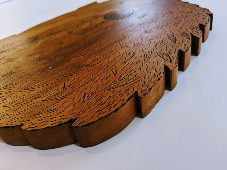 May include: A wooden serving tray with a unique, textured surface that resembles fur. The tray has a brown, natural wood finish and a slightly irregular, wavy edge.