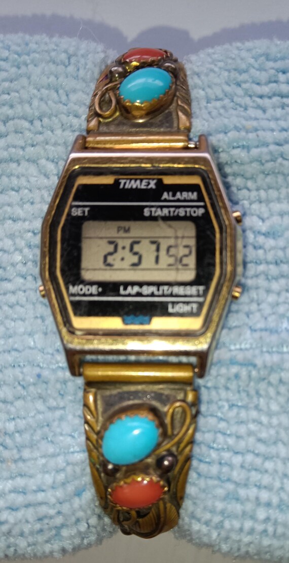 Timex Sterling Silver Bracelet Watch with Turquoise and Coral Accents Vintage Native American Sterling, Turquoise and Coral Ladies  main image 4