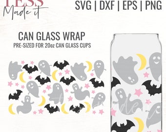 May include: A clear can glass wrap design featuring a Halloween theme. The design includes gray ghosts, black bats, yellow crescent moons, and pink stars. The text "CAN GLASS WRAP" and "PRE-SIZED FOR 20oz CAN GLASS CUPS" is also visible.