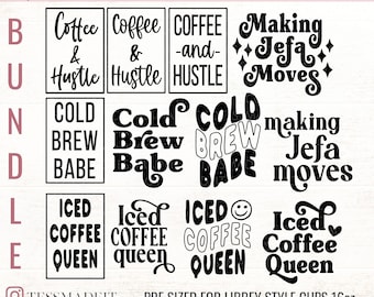 Puede incluir: Un paquete de 10 diseños gráficos en blanco y negro para tazas de 473 ml. Los diseños incluyen frases como "Coffee & Hustle", "Cold Brew Babe" y "Iced Coffee Queen".