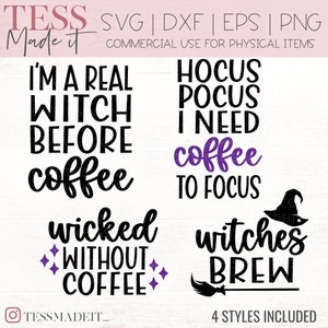 May include: Four different designs for a Halloween-themed coffee mug. The designs feature the text "I'm a real witch before coffee", "Hocus Pocus I need coffee to focus", "Wicked without coffee", and "Witches Brew".