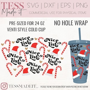 Christmas No Hole Wrap SVG - Christmas Venti 24oz Cup SVG - Cold Cup Svg - Nice List Svg - No Logo Christmas Cup SVG for Cricut Crafters