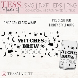 Puede incluir: Un diseño en blanco y negro para una envoltura de vidrio de 473 ml con el texto "Witches Brew" con una luna creciente, estrellas y una bola de cristal. El diseño está predimensionado para tazas de estilo Libbey.