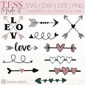 Puede incluir: Un conjunto de 10 archivos de corte SVG de temática amorosa en blanco y negro. Los diseños incluyen flechas, corazones y la palabra "love".