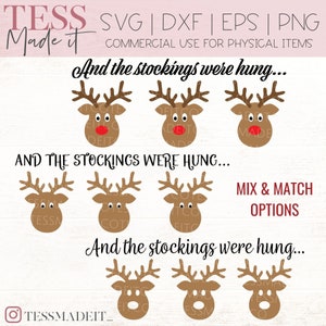Op de afbeelding: Negen digitale illustraties van rendierkoppen met rode neuzen. De rendierkoppen zijn bruin met witte ogen en geweien. De tekst "And the stockings were hung..." verschijnt drie keer op de afbeelding. De tekst "MIX & MATCH OPTIONS" verschijnt op de afbeelding. De tekst "TESSMADEIT_" verschijnt op de afbeelding.