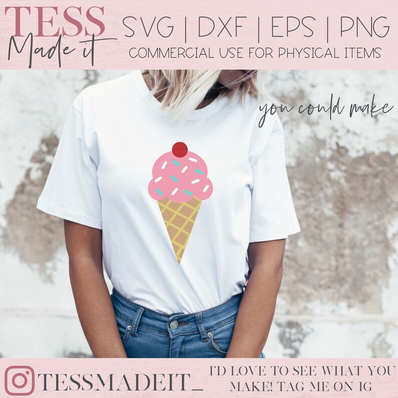 Puede incluir: Una camiseta blanca con un gr&aacute;fico de cono de helado rosa y blanco. El cono de helado tiene una cereza en la parte superior y chispas. El texto "you could make" es visible en la esquina superior derecha de la imagen. El texto "TESSMADEIT_ I'D LOVE TO SEE WHAT YOU MAKE! TAG ME ON IG" es visible en la parte inferior de la imagen.