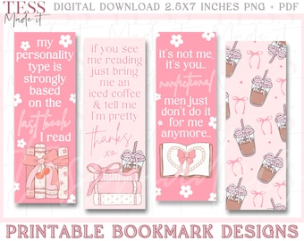 Coquette Bookmark Files Bookmark PNG Pink Aesthetic Bookmark Cute Bookmarks for Women Digital Bookmarks Set Bow Bookmark Coffee Bookmarks