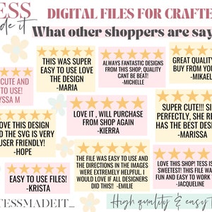 May include: A pink and white background with several customer reviews for a digital craft shop. The reviews are all positive and include five stars. The reviews mention the quality of the designs, the ease of use, and the friendliness of the shop owner. The shop name is "TESSMADEIT_" and the tagline is "High quality & easy to use".