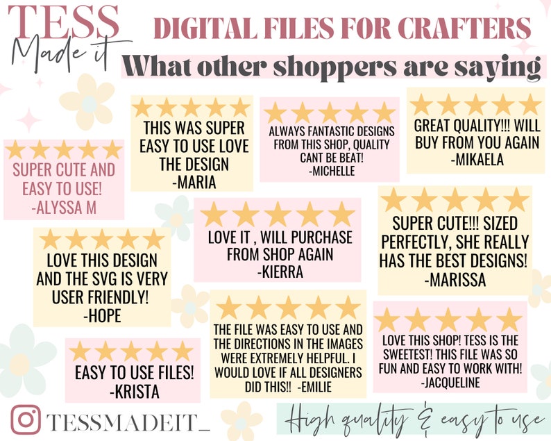 May include: A pink and white background with several customer reviews for a digital craft shop. The reviews are all positive and include five stars. The reviews mention the quality of the designs, the ease of use, and the friendliness of the shop owner. The shop name is "TESSMADEIT_" and the tagline is "High quality & easy to use".