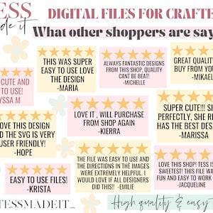 May include: A pink and white background with several customer reviews for a digital craft shop. The reviews are all positive and include five stars. The reviews include text such as "Super cute and easy to use!" and "Love this shop! Tess is the sweetest! This file was so fun and easy to work with!"