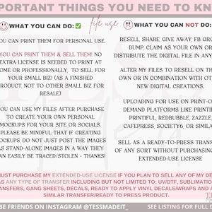 May include: A pink and white graphic with the text "Important Things You Need To Know" in black. The graphic lists what you can and cannot do with digital files purchased from the seller. The graphic includes a smiley face with a checkmark and a frowning face with an X.
