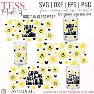 Puede incluir: Una descarga digital de un diseño de envoltura de vaso de lata de 473 ml con un patrón repetitivo de soles amarillos con caras sonrientes y corazones negros. El diseño también incluye el texto "Coffee and Sunshine" y "Good Morning Sunshine" en una fuente retro.