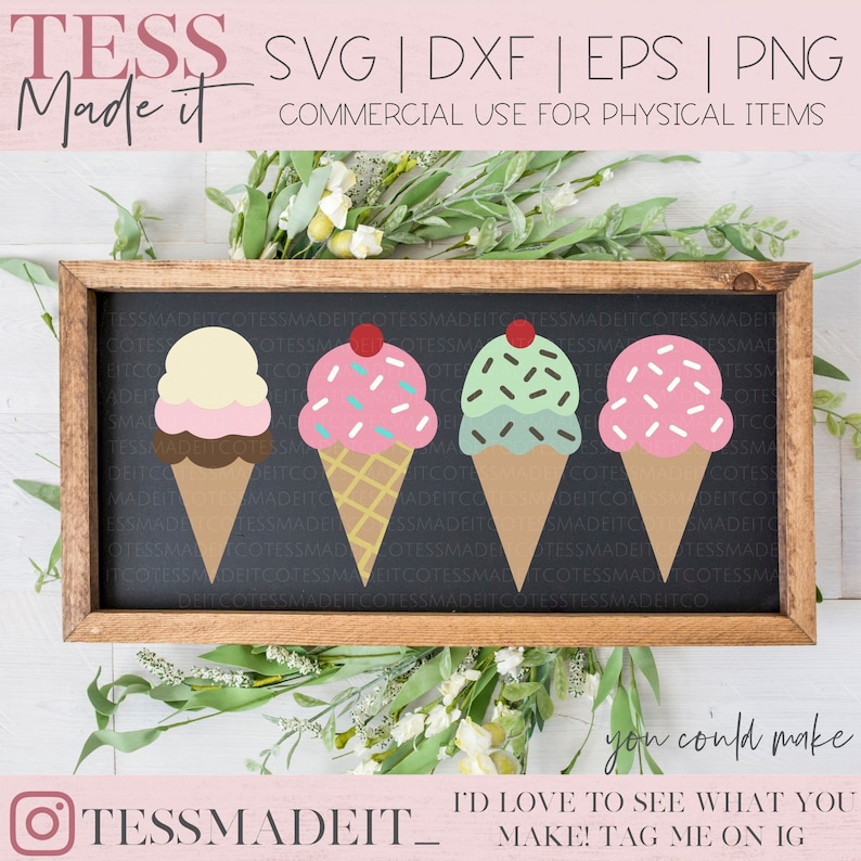 Puede incluir: Cuatro conos de helado con diferentes bolas de colores y espolvoreados sobre un fondo de pizarra negra. La pizarra est&aacute; enmarcada en madera y tiene el texto "TESSMADEIT" en ella. El texto "you could make" est&aacute; debajo de la pizarra. El texto "I'D LOVE TO SEE WHAT YOU MAKE! TAG ME ON IG" est&aacute; debajo del texto "you could make".
