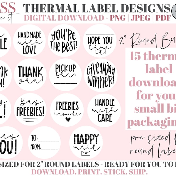 Round Thermal Label Design Bundle - Round Mailing Labels - Packaging Stickers PNG - Business Stickers for Thermal Printers 2" Round