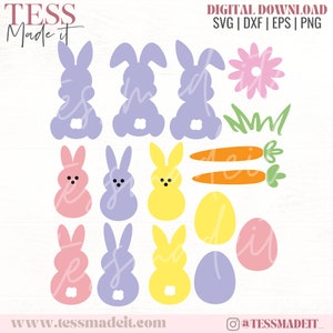 May include: A digital download of 12 Easter-themed SVG cut files. The files include bunnies, carrots, eggs, flowers, and grass. The files are perfect for creating crafts, decorations, and more.