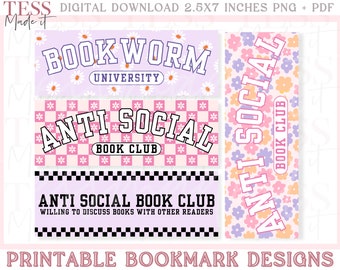 Retro Bookmark PNG Printable Bookmarks Aesthetic Bookmark Cute Bookmarks for Women Digital Bookmarks Set for Download Anti Social Book Club