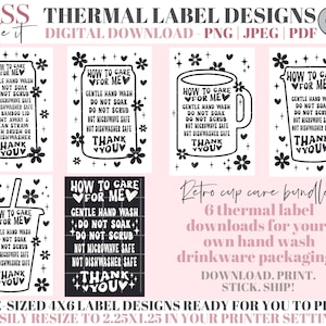 Tarjetas imprimibles para el cuidado del vaso - Instrucciones para el cuidado de la taza - Etiquetas térmicas para correo - Pegatinas comerciales retro para impresora Rollo/Munbyn