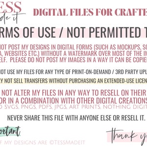Op de afbeelding: Een witte achtergrond met zwarte tekst die de gebruiksvoorwaarden voor digitale bestanden voor crafters beschrijft. De tekst stelt dat de ontwerpen niet in digitale vorm mogen worden gepost zonder een watermerk, niet mogen worden gebruikt voor print-on-demand of uploads van derden, niet mogen worden verkocht als transfers zonder een uitgebreide gebruikslicentie te kopen, niet mogen worden gewijzigd om zelfstandig of in combinatie met andere digitale creaties te worden doorverkocht, en niet mogen worden gedeeld of doorverkocht. De tekst bevat ook de zinnen "Belangrijk" en "Bedankt!"