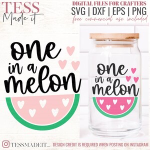 May include: A digital file for crafting featuring the text "one in a melon" with a watermelon graphic and pink hearts. The text is in black and the watermelon is pink and green. The file is available in SVG, DXF, EPS, and PNG formats.