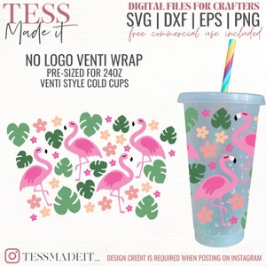 Venti No Hole SVG - Flamingo Cold Cup SVG - Flamingo Cup Wrap SVG - No Hole Svg - Monstera Leaf Svg 24oz for Cricut Crafters