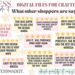 May include: A pink and white graphic with five-star reviews from customers about digital files for crafters. The text reads "TESS Made It" and "What other shoppers are saying".
