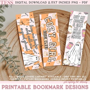 May include: Three printable bookmark designs featuring a ghost with a bow, a checkered background with pumpkins and the text "Cozy Girl Book Club", and a checkered background with pumpkins and the text "Buy me books and call me a good ghoul".