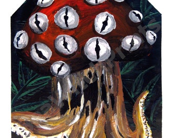 Mushroom Monster, Poster Print, 16 x 20 inches, Toadstool Mushroom, Forest Wall Art, Eldritch Horror, Acrylic Painting, Glossy Paper