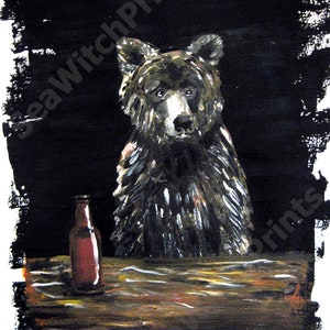 Bear Drinking a Beer at a Bar, Art Print, 12 x 16 inches, Bear Art Painting, Bar Wall Art, Acrylic Painting, Matte Paper