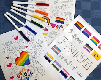 LGBTQ Pride, Printable Coloring Pages, Set of 3, Digital Download, LGBT Coloring Page, LGBT Pride Coloring, Pride Coloring, Adult Coloring