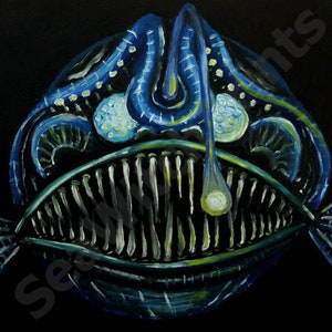 Anglerfish, Art Print, 8 x 10 inches, Oil Painting, Sea Monster Wall Art, Angler Fish Painting, Deep Sea Creature, Sea Monster Print