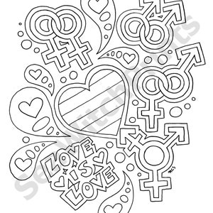Coloring page with black outlines of the double Venus symbol, the double Mars symbol, the Mars-Venus symbol, and the transgender symbol. There is a big heart in the middle and smaller hearts around it. Text says "LOVE IS LOVE".