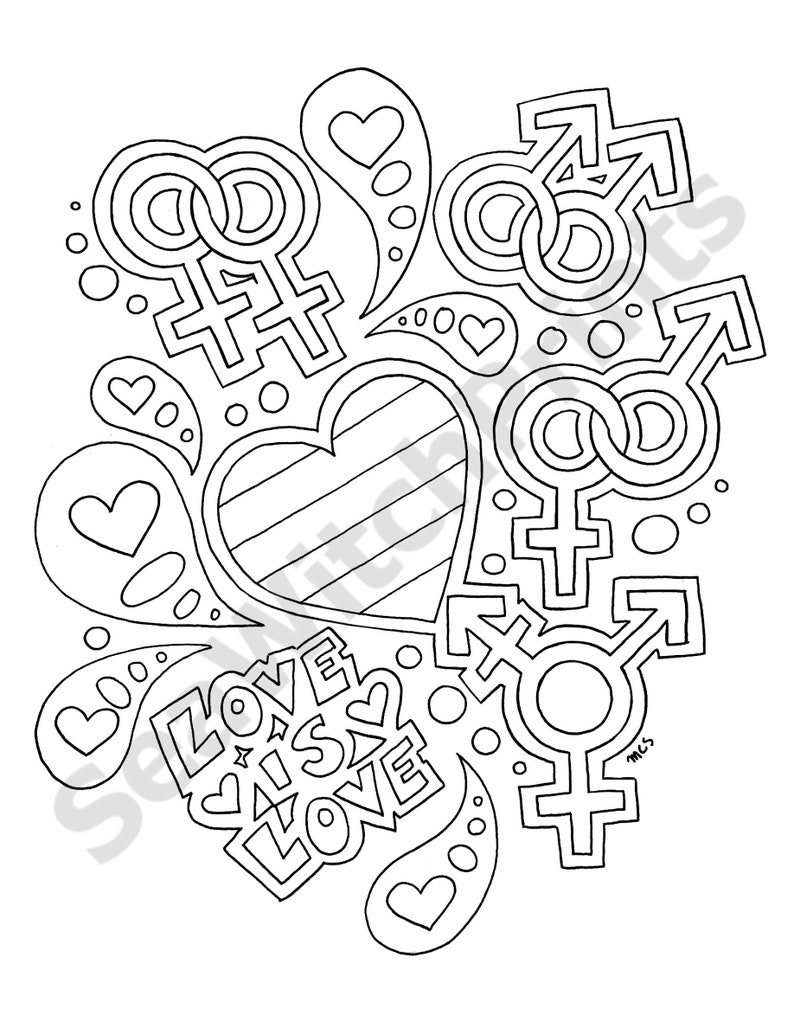 Coloring page with black outlines of the double Venus symbol, the double Mars symbol, the Mars-Venus symbol, and the transgender symbol. There is a big heart in the middle and smaller hearts around it. Text says "LOVE IS LOVE".