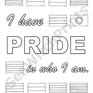 Coloring page with eleven flags with various numbers of stripes. Text in the middle of the coloring page says "I have PRIDE in who I am."