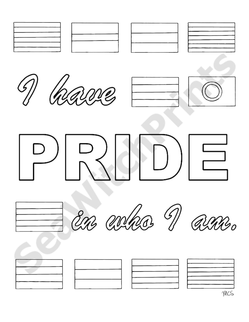 Coloring page with eleven flags with various numbers of stripes. Text in the middle of the coloring page says "I have PRIDE in who I am."