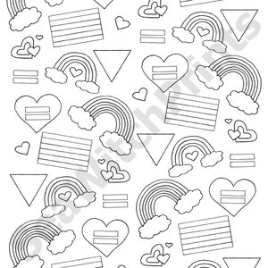 Coloring page with black outlines, of rainbows, six striped flags, triangles, equal signs, and hearts.