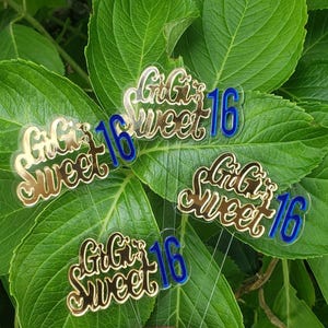 May include: Five gold-colored acrylic cake toppers with the text "Gigi Sweet 16" in a cursive font and blue accents. The toppers are arranged on a bed of green leaves, creating a celebratory theme.