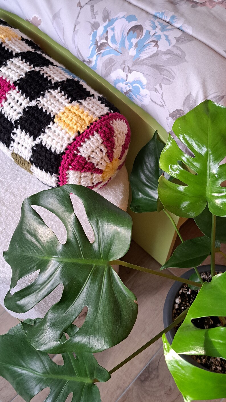 May include: A crocheted pillow with black, white, yellow, and pink stripes. The pillow is sitting on a white fluffy surface. A green monstera plant is in the background.