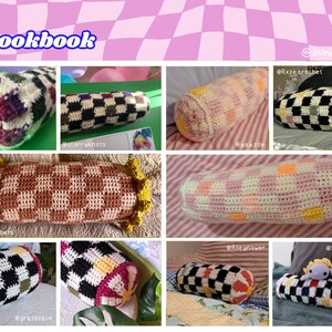 May include: A collection of crocheted pillow cushions in various checkerboard and floral patterns. The pillows are in shades of pink, brown, white, black, green, and yellow. The pillows are displayed on a pink and white checkered background. The image includes the text "Lookbook" and several Instagram usernames.