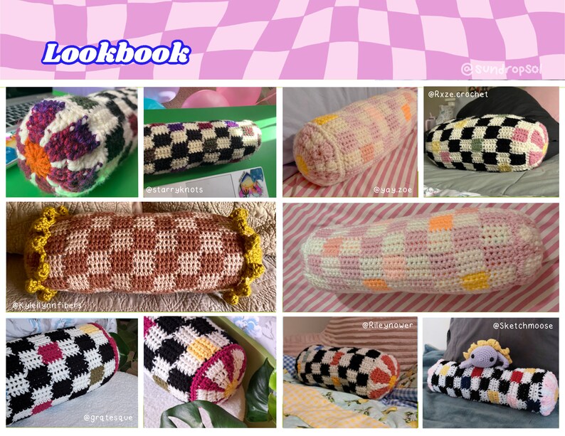 May include: A collection of crocheted pillow cushions in various checkerboard and floral patterns. The pillows are in shades of pink, brown, white, black, green, and yellow. The pillows are displayed on a pink and white checkered background. The image includes the text "Lookbook" and several Instagram usernames.