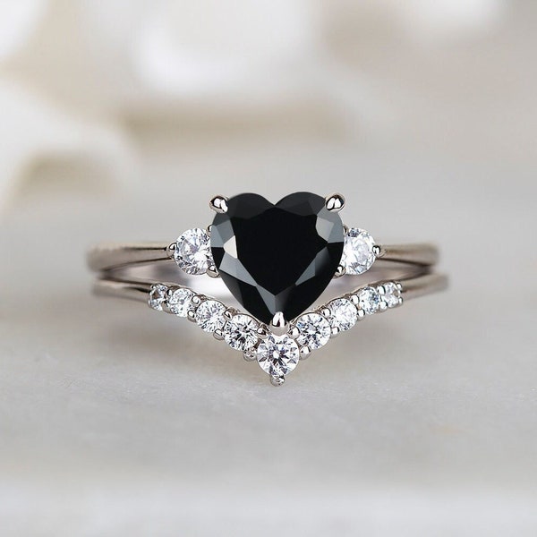 Black Heart Diamond engagement ring sterling Silver Black CZ vintage wedding bridal promise ring set for women Anniversary gift