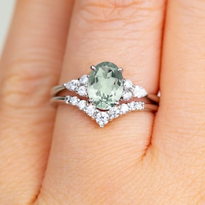 Green Amethyst Sterling Silver Bridal Ring Set: Vintage Promise Anniversary Ring