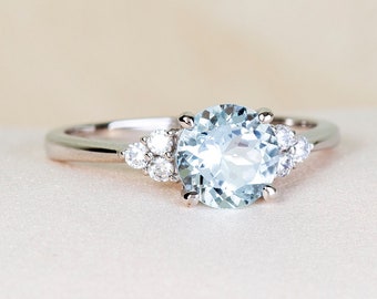 Natürlicher Aquamarin Sterling Silber Ring: Vintage Cluster Versprechen Ring