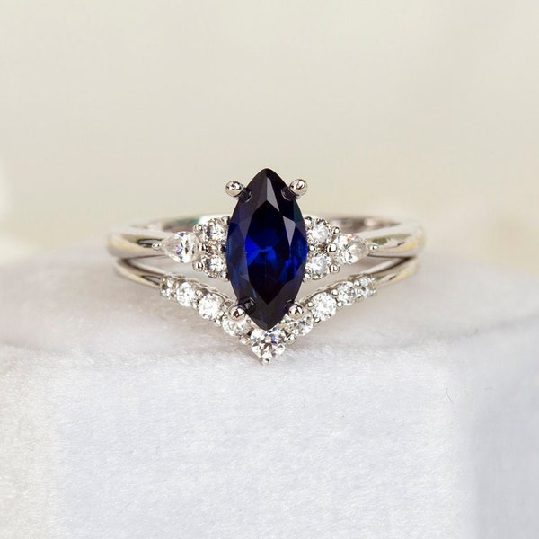Marquise Blue Sapphire engagement ring SET in sterling silver Sapphire and simulated diamond vintage wedding bridal promise ring SET