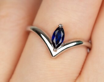 Marquise Blue Sapphire solitaire ring in sterling silver, Sapphire engagement wedding ring