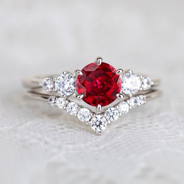 Bague de fiançailles Ruby SET Ruby solitaire bague de mariage vintage Lab ruby promesse bague en argent sterling SET Cadeau d’anniversaire pour les femmes