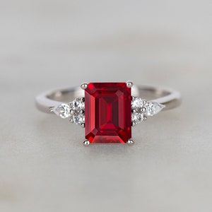 Emerald Cut Ruby engagement Silver Ring 2ct Ruby unique vintage wedding bridal ring set Promise Anniversary ring