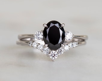 1.5ct Oval Black Diamond engagement ring SET in Sterling Silver, Black diamond Cubic Zirconia wedding Bridal Rings