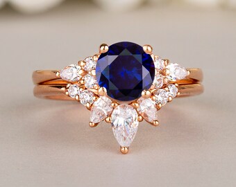 1ct Sapphire engagement ring vintage unique Cluster 14K rose gold Sapphire engagement ring SET Pear diamond wedding Bridal ring SET